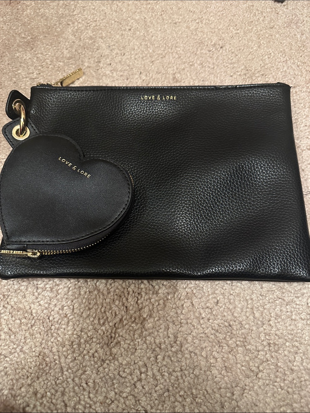 Black Leather Wristlet Clutch with Heart Coin Case